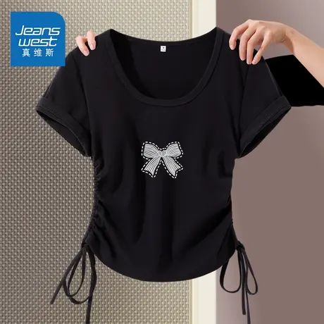 KMV真维斯黑色短袖t恤女抽绳u领修身短款2025新款夏季设计感上衣商品大图