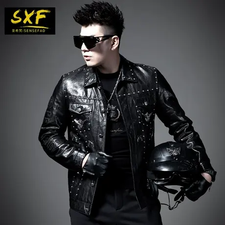 SXF圣希梵海宁皮衣男真皮欧美铆钉夹棉机车服皮夹克男士外套潮牌图片
