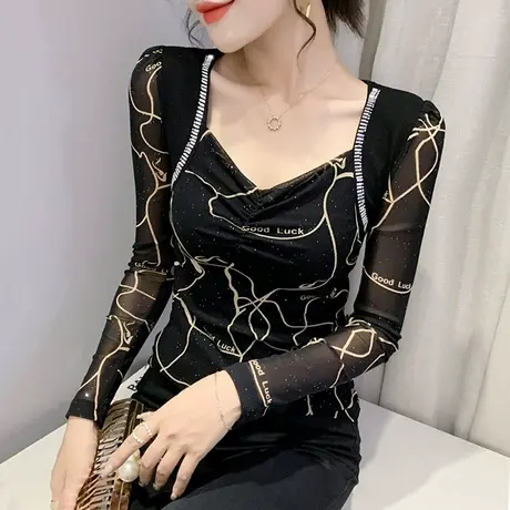 2024春秋新款性感露锁骨T恤洋气网纱上衣紧身内搭打底衫女长袖潮商品大图