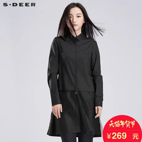 sdeer圣迪奥女2017秋装酷感纯黑网纱拼接修身长袖衬衫S16180541商品大图