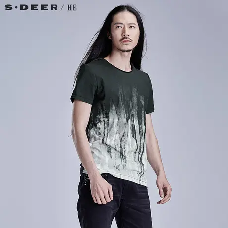 S.Deer/He【惠】圣迪奥男黑灰痕迹印花纯棉男士T恤H15270133图片