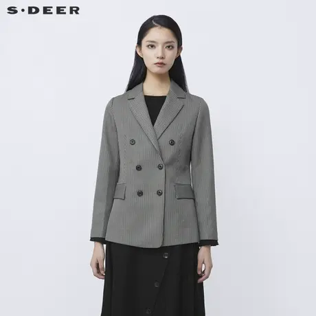 sdeer圣迪奥女装春秋装通勤平驳领双排扣条纹西装外套S21362214图片