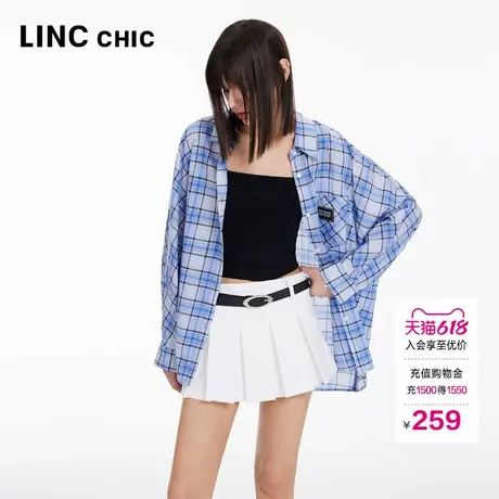 LINC金羽杰格子衬衫女上衣轻透衬衣宽松落肩造型防晒衬衫女款435Y图片