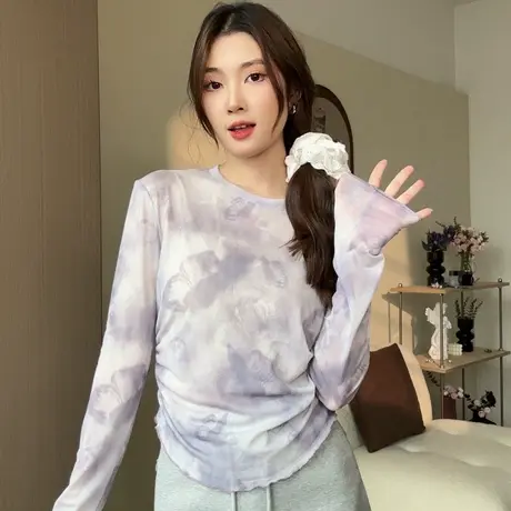 尔给设计感小众扎染网纱薄款短款打底衫女夏季2024新款长袖上衣商品大图