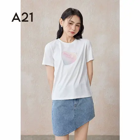 A21女装针织合体圆领短袖T恤夏季纯棉宽松爱心印花情侣装体恤上衣图片