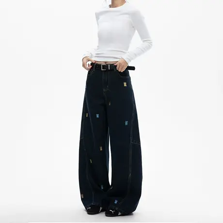 彩色卡通小熊刺绣牛仔裤女2025夏季新款宽松显瘦直筒阔腿休闲长裤商品大图