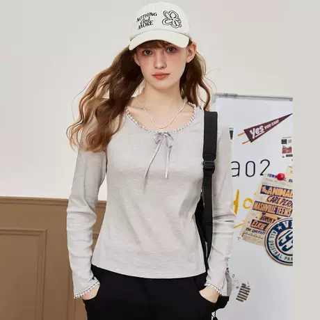 a02个性小清新花边装饰女式T恤2025春季休闲百搭圆领长袖上衣图片