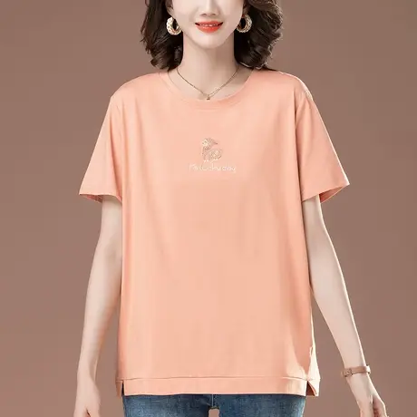 妈妈纯色短袖T恤女夏季宽松加肥加大码女装减龄百搭显瘦开叉体恤图片
