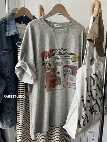 春夏新款韩国漫画小熊印花趣味减龄慵懒宽松大版休闲短袖棉T恤女商品大图