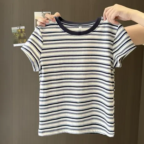 美式复古撞色正肩短袖T恤女夏季学生修身短款打底衫条纹半袖上衣图片