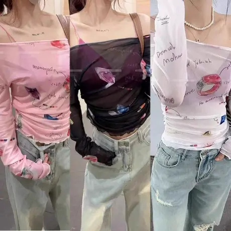 2025纯欲甜辣妹一字肩印花上衣女夏季款多巴胺网纱透视防晒罩衫图片