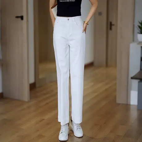 白色洗水棉软牛仔直筒裤女夏季薄款高腰阔腿裤宽松窄版显瘦九分裤商品大图