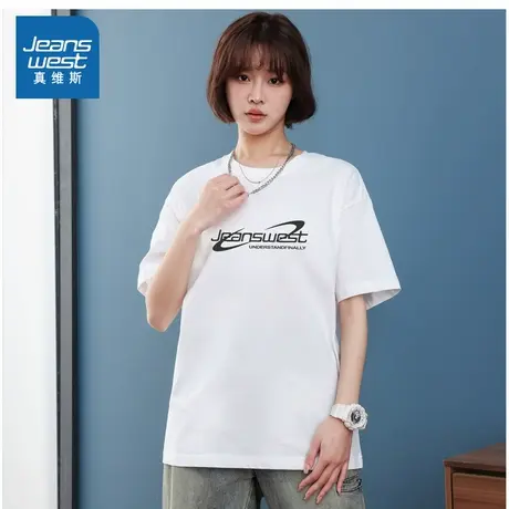 E8真维斯男女同款2025夏季新款黑白字母印花日常休闲圆领短袖T恤商品大图