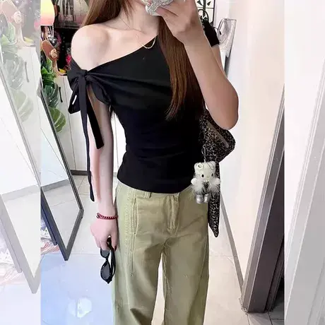 蝴蝶结系带一字斜肩短袖T恤女夏季韩版修身辣妹纯欲性感露肩上衣商品大图