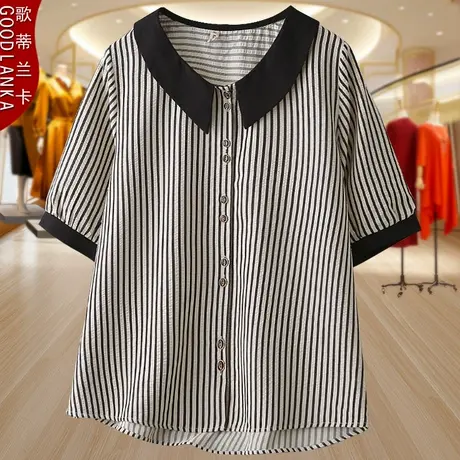 夏季大码中年妈妈娃娃领小衫宽松遮肚上衣显瘦减龄五分袖条纹衬衫商品大图