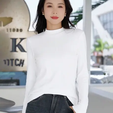 白色小高领罗纹双面绒长袖打底衫t恤女秋冬新款内搭保暖立领上衣图片