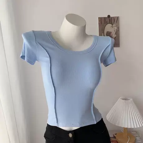 纯欲辣妹性感U领显胸短袖T恤女2022夏季新款设计感紧身短款上衣商品大图