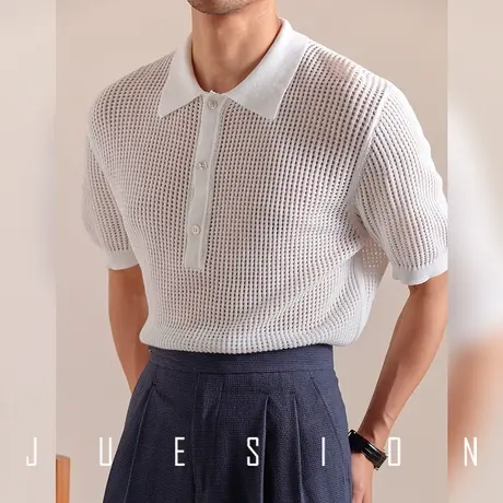 【透气棉麻 舒适清爽】JUESION镂空针织POLO衫男夏季休闲半袖上衣图片