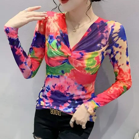 欧货涂鸦印花打底衫女长袖网纱T恤ins潮性感V领网纱内搭修身上衣商品大图