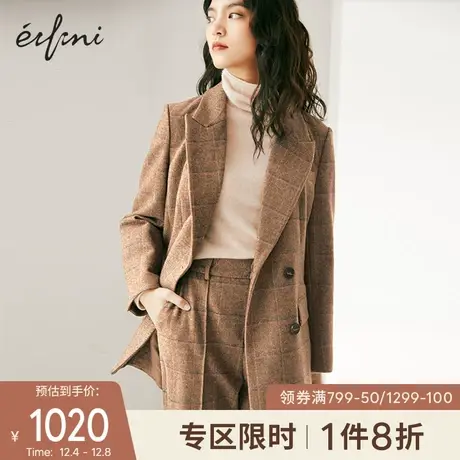 伊芙丽时尚格纹西服外套女2021年冬装新款气质羊毛西装大衣女冬冬🥓图片