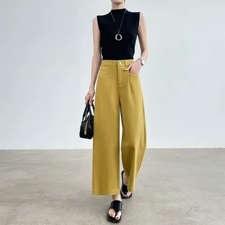 黄色莱赛尔天丝棉牛仔阔腿裤女夏季薄款宽松小个子八分九分直筒裤图片