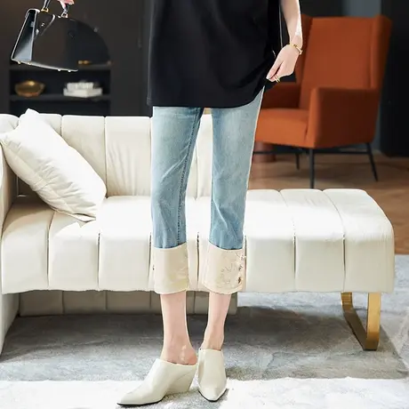 宝诗黎高腰提花拼接蓝色牛仔裤2025夏季设计感烟管裤百搭直筒长裤商品大图