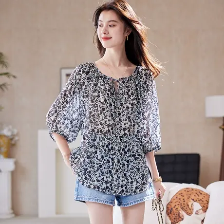 宝诗黎七分袖系带印花衬衫女2025夏季时尚百搭宽松大码衬衣小衫图片