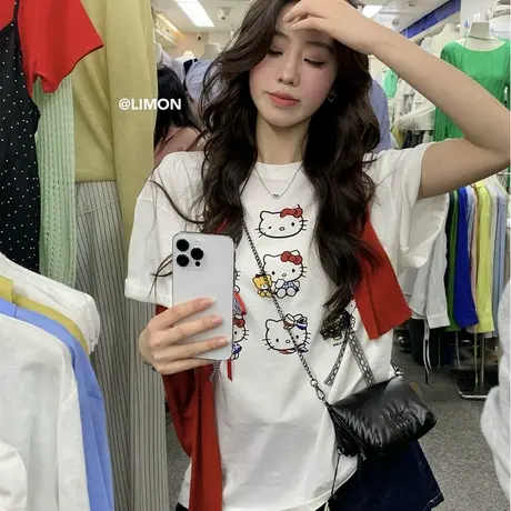 2025十三行夏季新款卡通猫宽松减龄蝴蝶结设计感短袖T恤女上衣潮图片