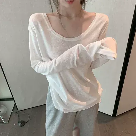 白色竹节棉长袖T恤女2025早春新款宽松打底衫韩版内搭外穿上衣潮商品大图