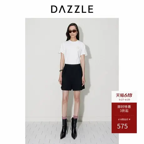 DAZZLE地素奥莱 休闲裤秋季女装简约黑色A字腰部提花短裤图片