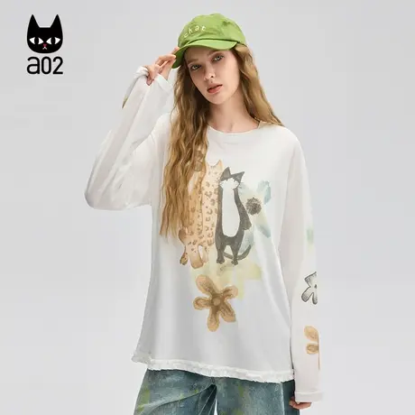 a02甜美风猫猫宽松圆领长袖女T恤2025新款夏季白色上衣设计感衣服商品大图