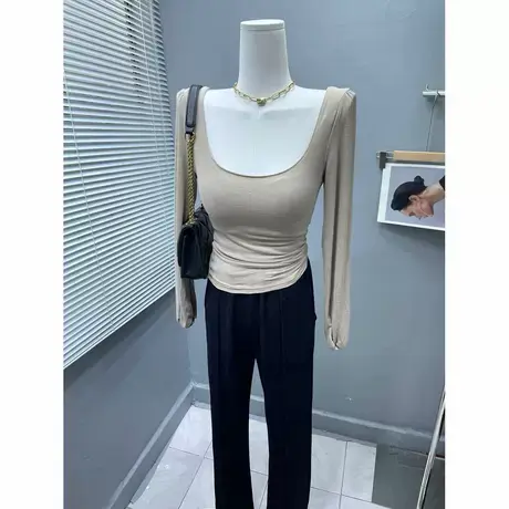 韩国ins洋气泡泡袖U领T恤上衣女锁骨修身百搭薄款打底衫春装新款商品大图