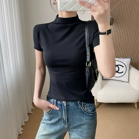 半高领短袖t恤女纯棉内搭气质体恤上衣夏季新款显瘦百搭打底衫潮图片