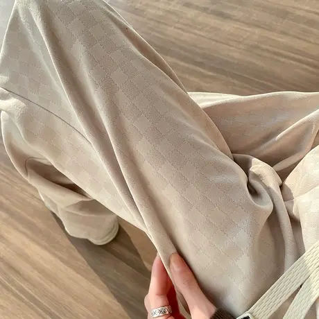 杏色针织阔腿裤女春秋高腰垂感宽松直筒休闲裤抽绳小个子运动裤潮商品大图