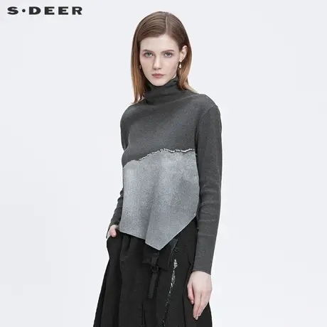 sdeer圣迪奥2022春季新款时尚高领不规则微弹长袖T恤女S22180211图片