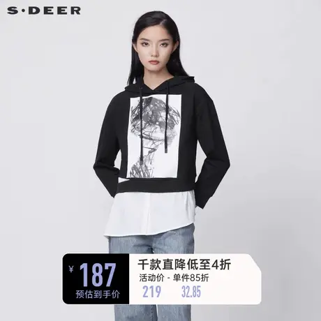 sdeer圣迪奥女装春装抽绳连帽撞色印花衬衫拼接卫衣S21382212图片