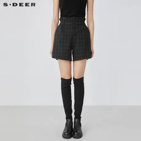sdeer圣迪奥女装复古高腰木耳边撞色格纹A字短裤S21480912图片