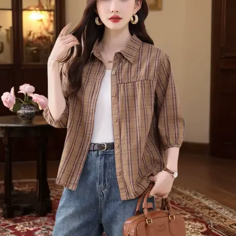 格子衬衫女2025新款夏季宽松遮肚子显瘦洋气妈妈上衣薄款大码小衫图片