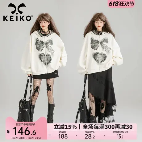 KEIKO 复古蝴蝶结印花连帽卫衣春季韩系oversize白色拉链外套开衫图片