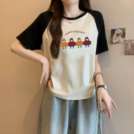 拼接撞色插肩短袖T恤女夏季2025新款韩版宽松设计感小众短款上衣图片