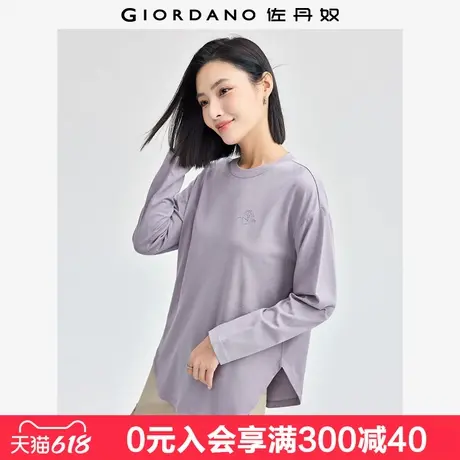 佐丹奴长袖T恤女新款纯棉绣花弧形下摆长款圆领套头衫女05324858图片