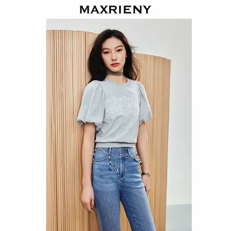 MAXRIENY精致优雅感蕾丝绣花T恤短款25春款泡泡袖修身显瘦上衣女商品大图
