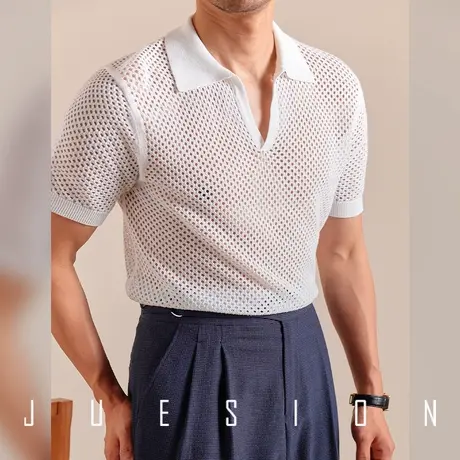 【棉麻混纺】JUESION 夏季镂空针织短袖POLO衫男休闲透气舒适上衣图片