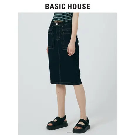 Basic House/百家好2021春秋新款韩风时尚牛仔修身半身裙HVSK528B商品大图