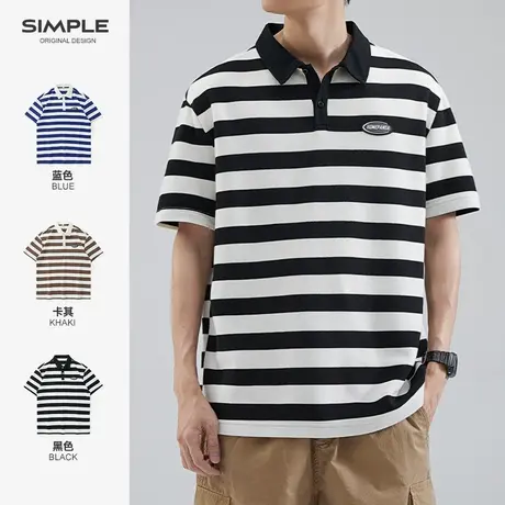 hansca日系条纹polo衫男夏季珠地棉宽松重磅衬衫领短袖t恤男半袖商品大图