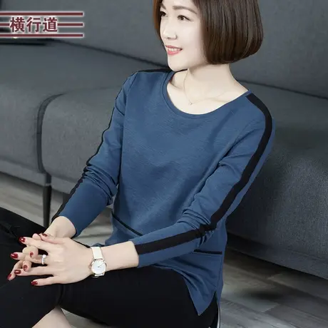 横行道大码上衣服女装圆领竹节棉拼接长袖T恤宽松打底衫2025春装图片