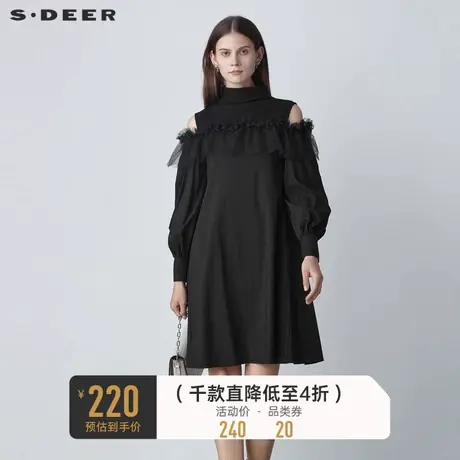 sdeer圣迪奥女秋装半高领露肩蕾丝网纱拼接连衣裙S221Z1262🌵商品大图