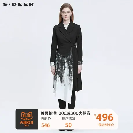 sdeer圣迪奥女装西装领水墨字母收腰不规则风衣S22181808🔋商品大图