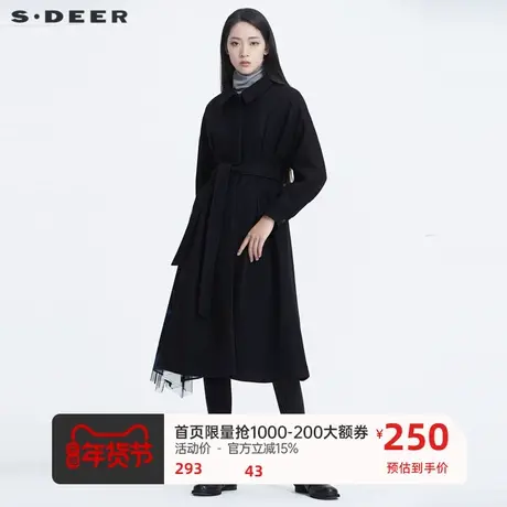 sdeer圣迪奥女装复古翻领收腰网纱印花毛呢黑色大衣S20461808🤡商品大图