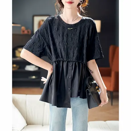 宝诗黎假两件拼接收腰短袖T恤2025夏季设计感蝙蝠袖短款休闲上衣商品大图